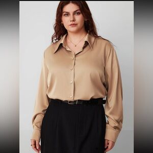 COLLAR SOLID BUTTON LONG SLEEVE BLOUSE CURVE by Cider Champagne / 1XL (US 16/18)